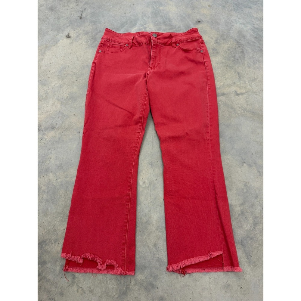 Cabi Jeans Women 12 Red Denim Raw Hem Flare Leg Hi-Low Cropped Casual Streetwear